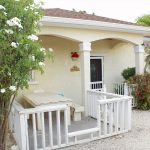 Sun Villa's front porch, with white railings and a picnic table beside a white-flowering tree